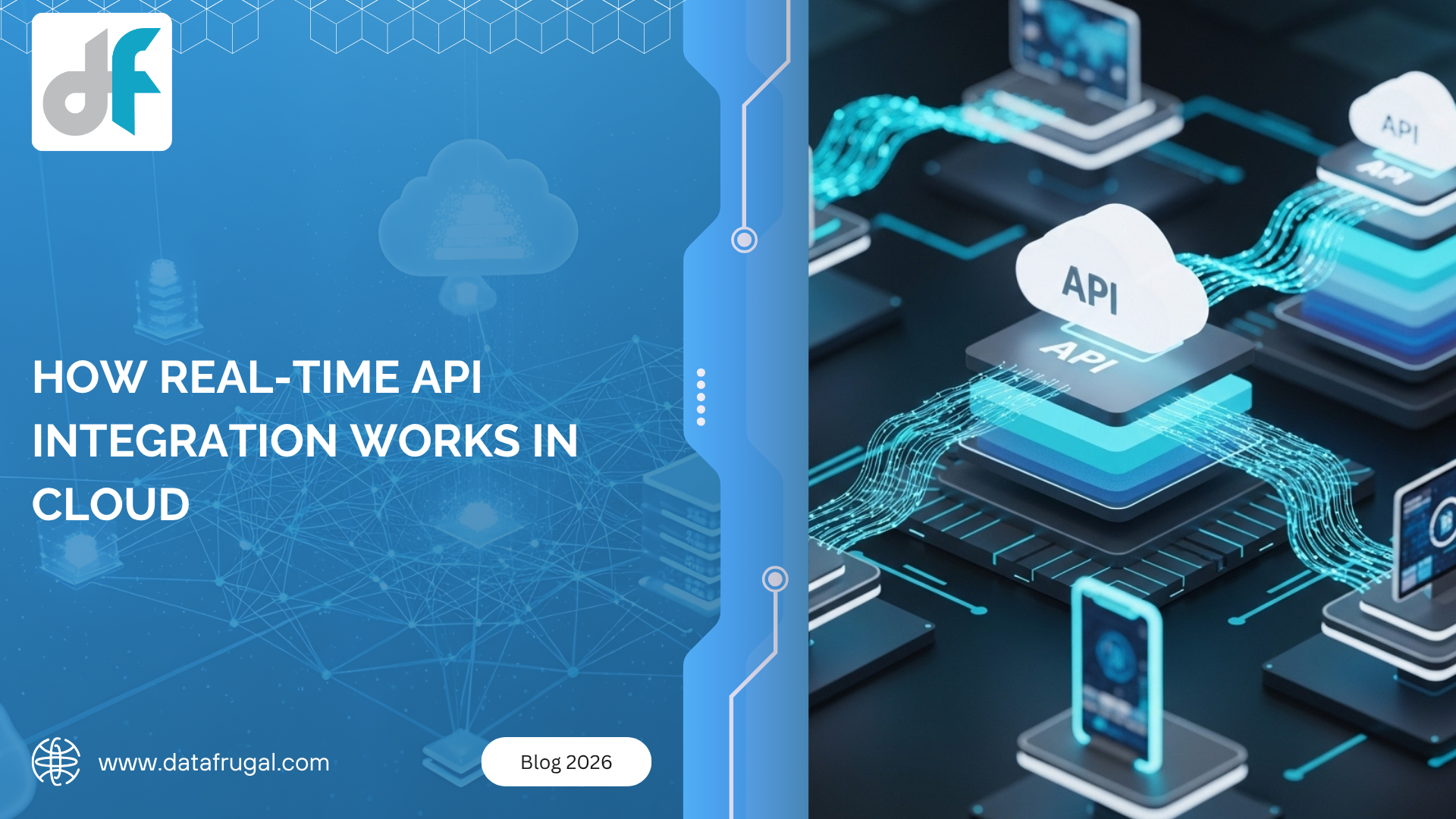 Illustration representing real-time API integration between cloud systems
